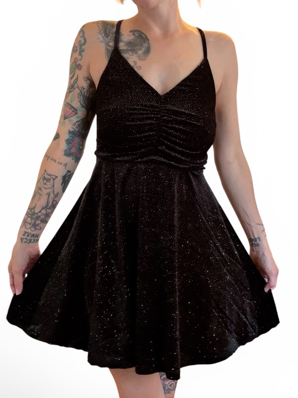 Y2K Love Squared Black Sparkle Crisscross Back Dress